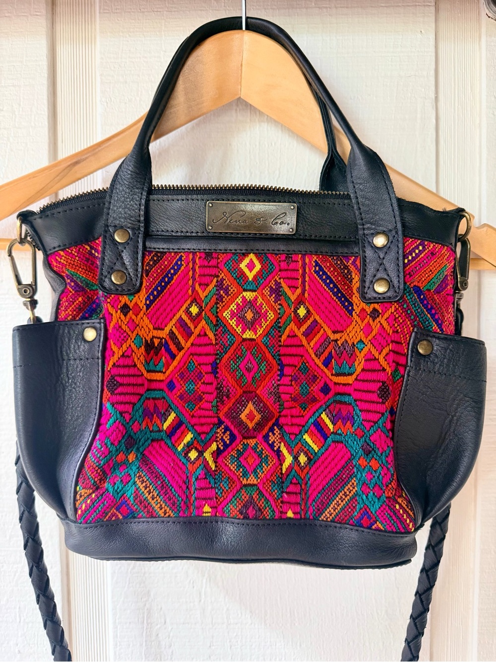 Nena & Co. Black Crossbody Tote with Red Multicolor Woven Panel
